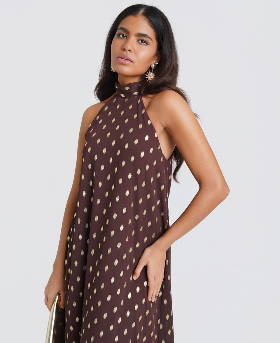 Chocolate Foil Halter Tie Maxi Dress