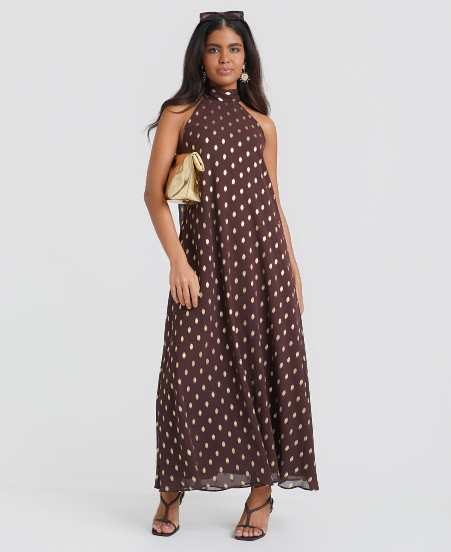 Chocolate Gold Foil Halter Maxi Dress