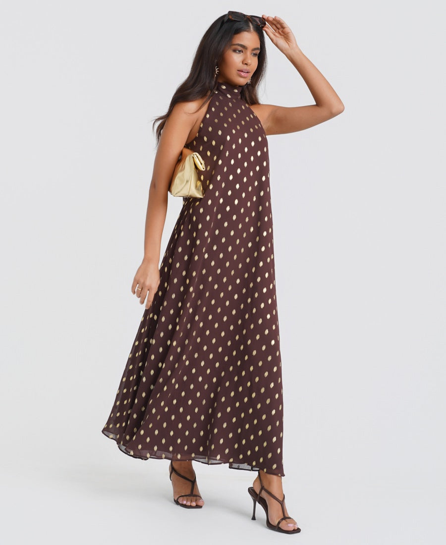 Chocolate Brown Foil Halter Maxi Dress