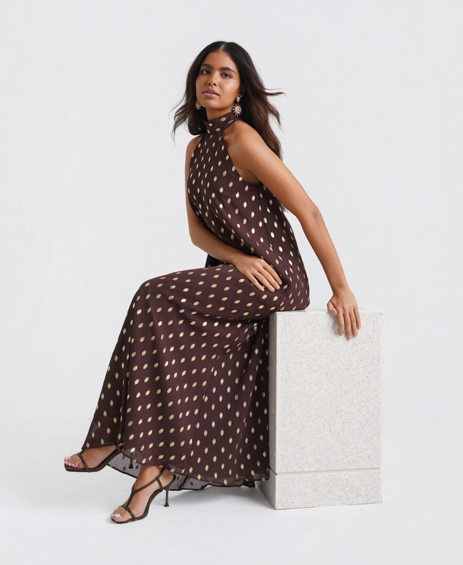 Chocolate Gold Foil Halter Maxi Dress
