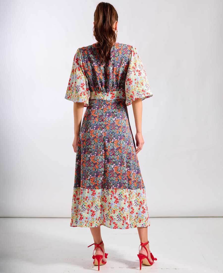 Contrast Floral Angel Sleeve Midi Dress