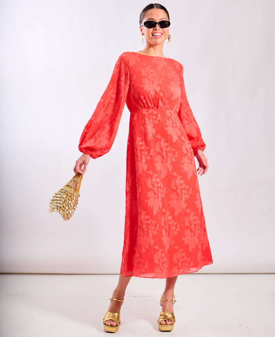 Coral Long Sleeve Midi Dress