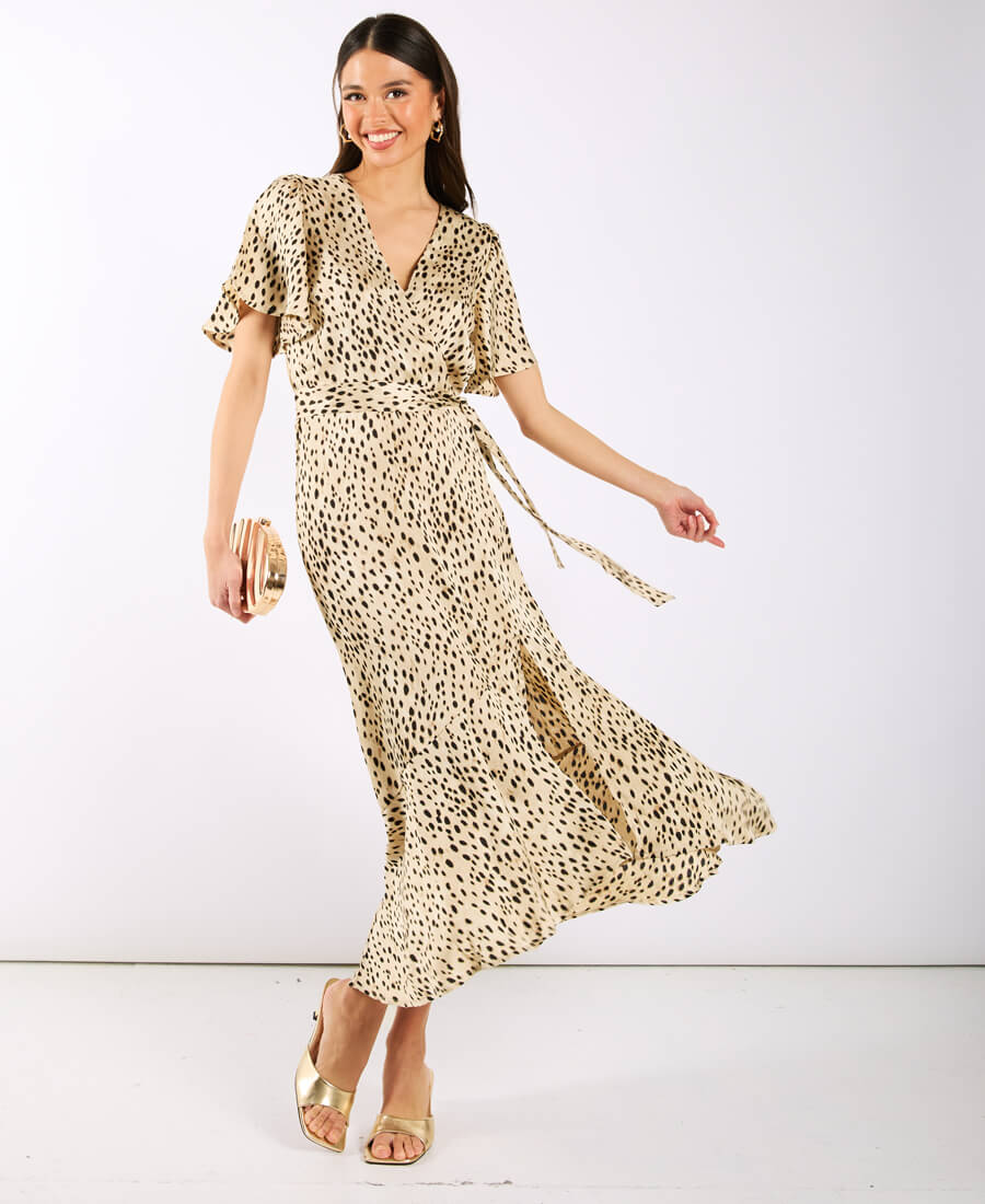 Cream Animal Printed Wrap Midi Dress