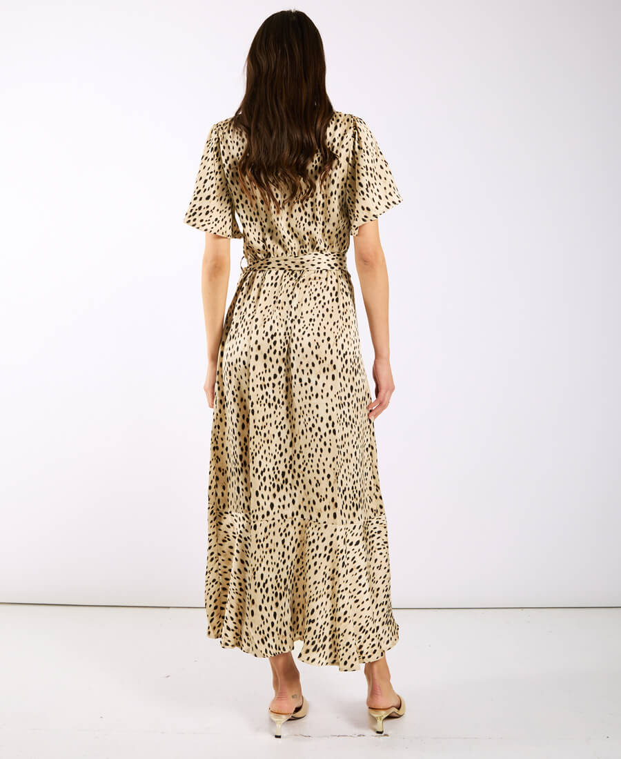 Cream Animal Printed Wrap Midi Dress back
