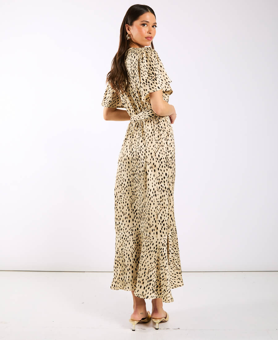 Cream Animal Printed Wrap Midi Dress side