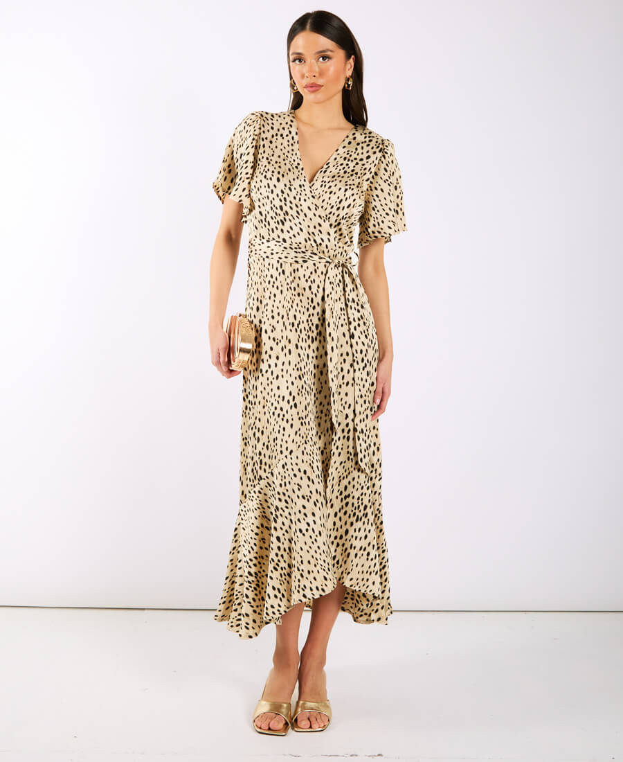 Animal Printed Satin Wrap Midi Dress