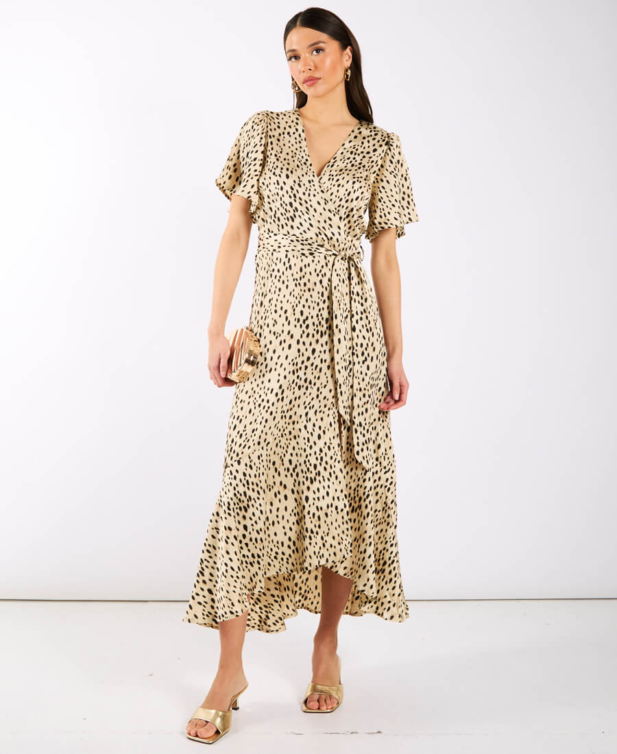 Cream Animal Printed Wrap Midi Dress