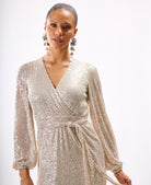 Cream Sequin Wrap Midi Dress