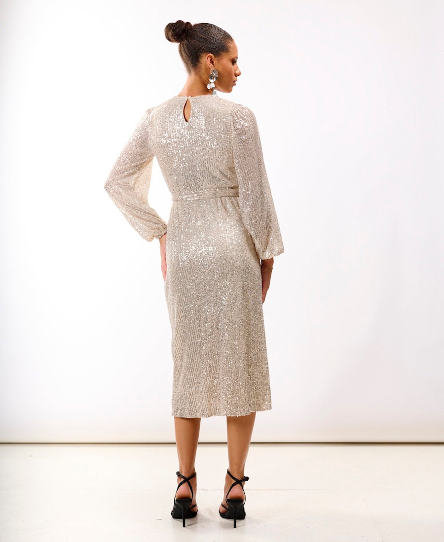 Cream Sequin Wrap Midi Dress back