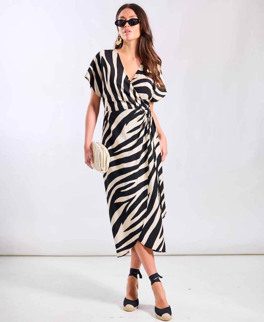 Animal Viscose Wrap Midi Dress