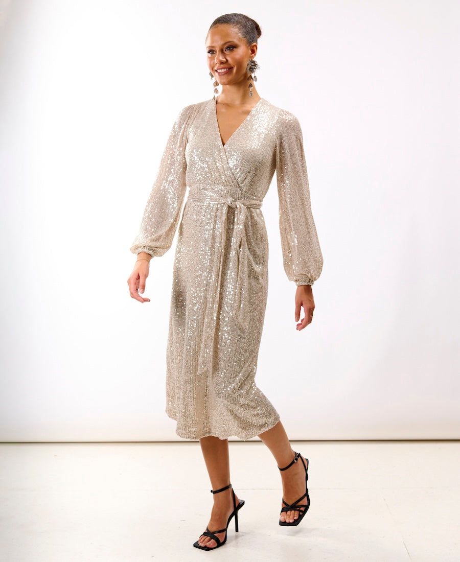 Cream Sequin Wrap Midi Dress