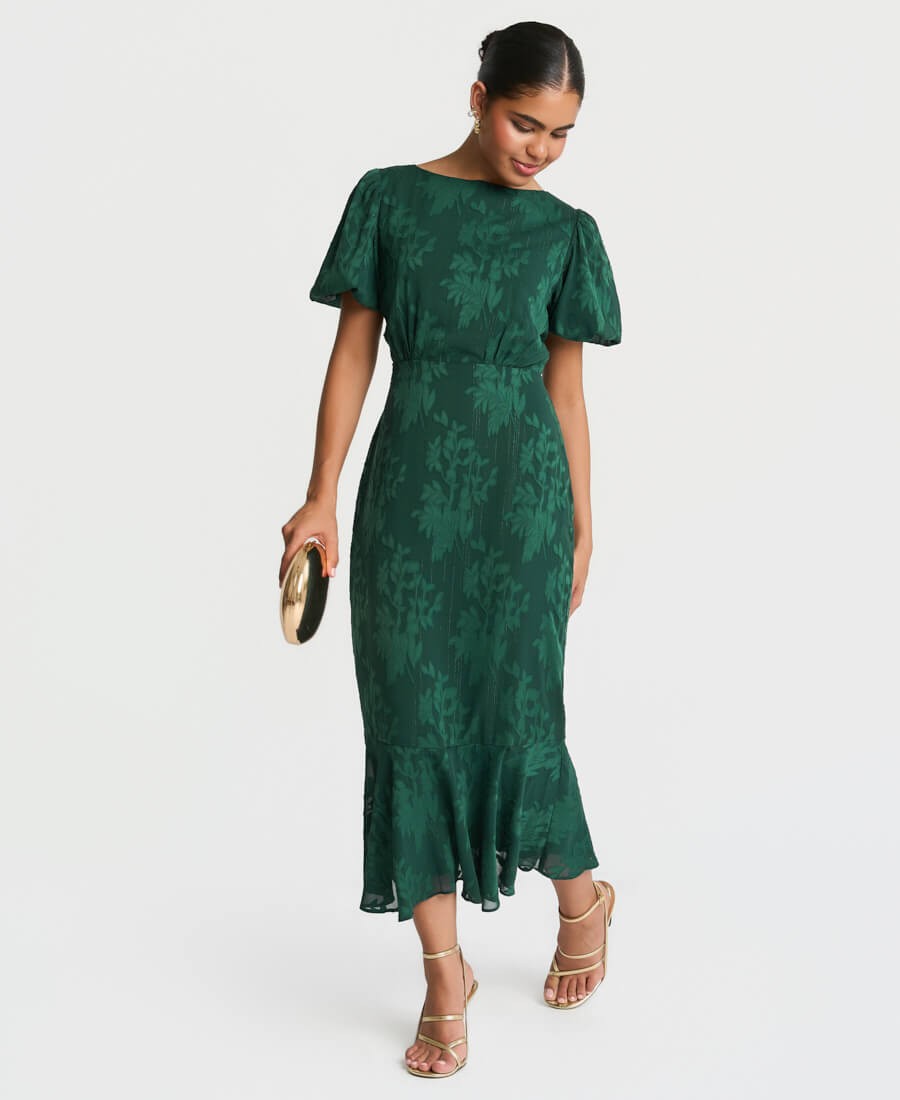 dark green jacquard dress Forest Puff Sleeve Midi – Needs No Label Size:29W x 26L Style: French Holly Willoughby Celadon Knit Available in Plus Size