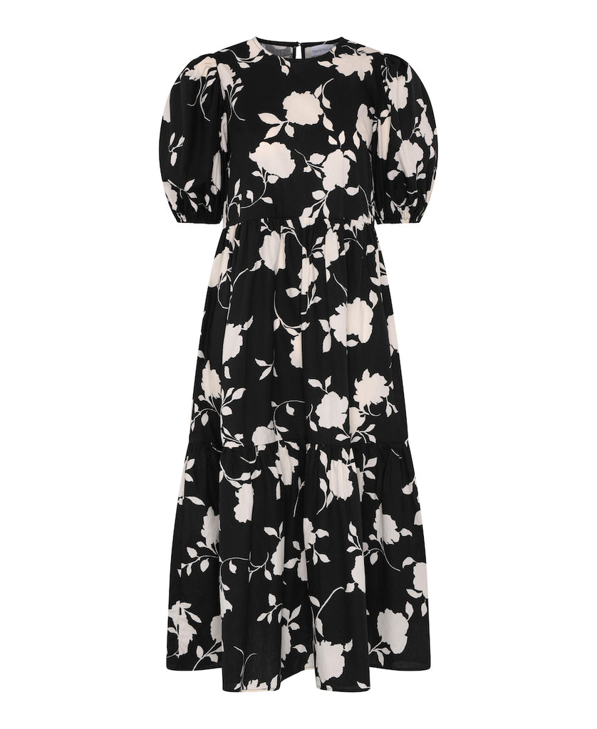 Floral Black and White Dress Puff Sleeves