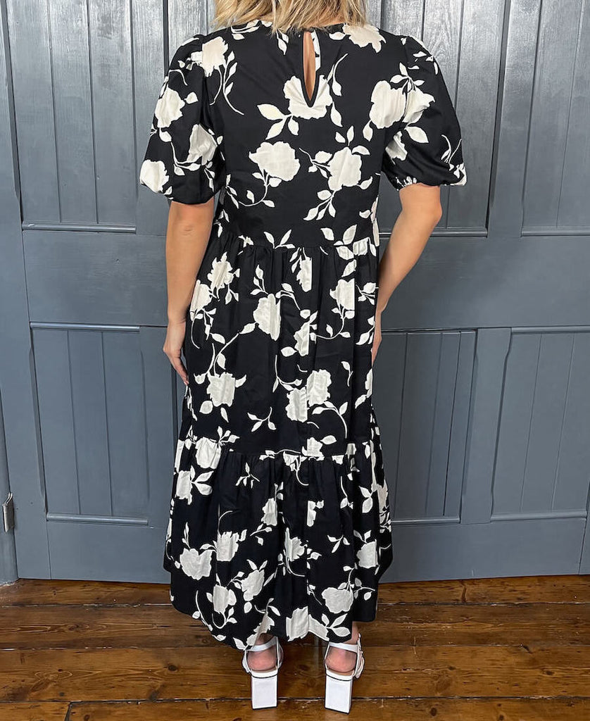 Floral Print Smock Maxi Dress with Short Puff sleeves Black