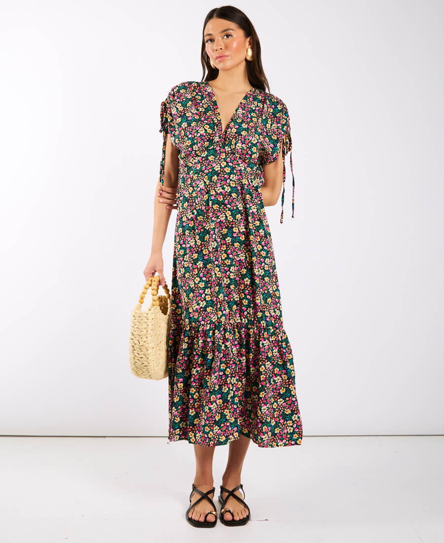 Floral Gathered Sleeve Midi Dress