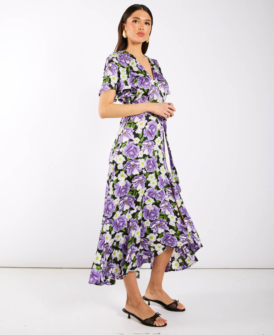 Purple Floral Wrap Midi Dress