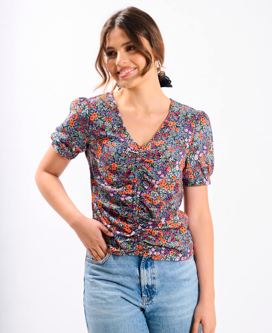 Multicoloured Floral Ruched Top