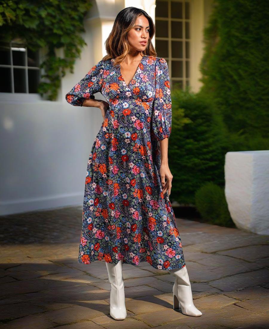 Multicoloured Floral Satin Midi Dress – Needs No Label