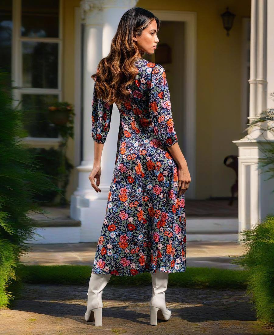 Multicoloured Floral Satin Midi Dress – Needs No Label