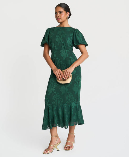 Forest Green Jacquard Puff Sleeve Midi Dress – Needs No Label