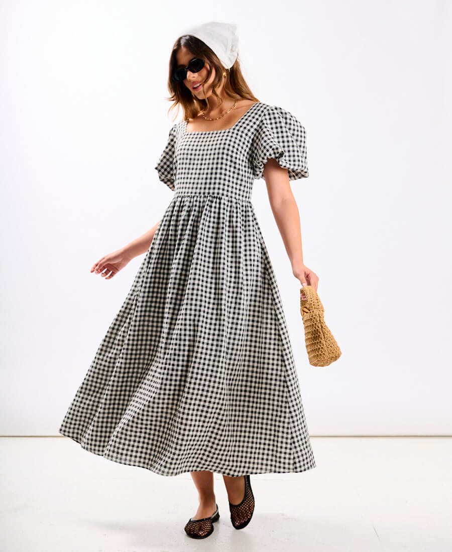 Black Gingham Midi Dress