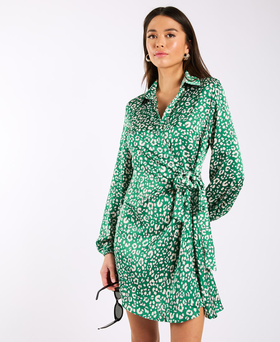 Green Animal Satin Shirt Dress