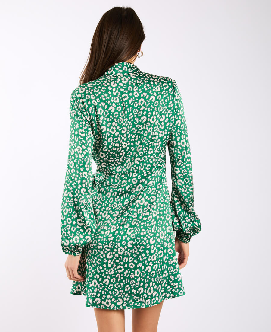Green Animal Satin Shirt Dress back