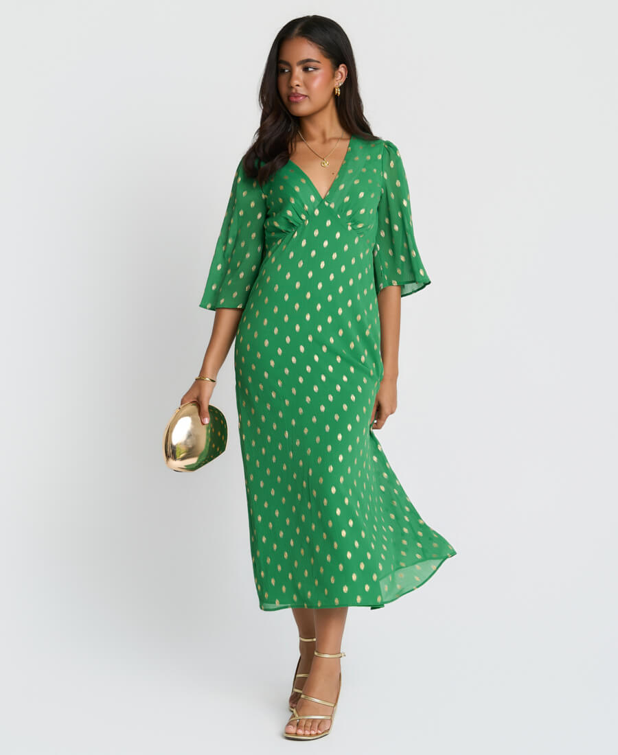Vestito longuette in chiffon verde metallizzato