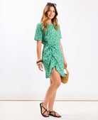 Green Ditsy Floral Ruche Side Mini Dress