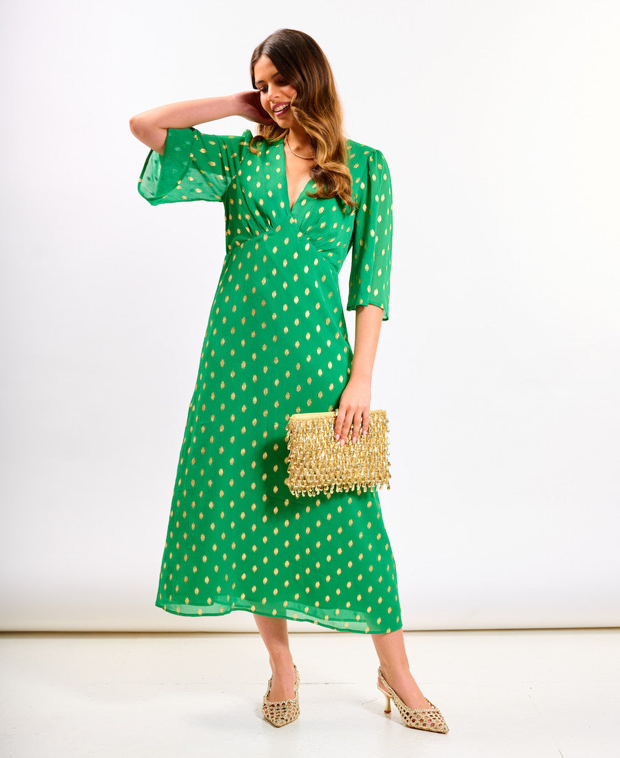 Green Foil Chiffon Midi Dress