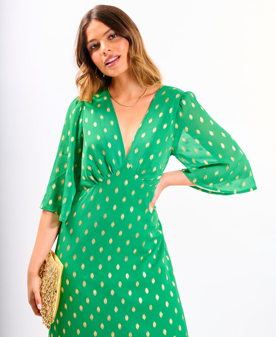 Green Foil Chiffon Midi Dress