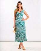 Green Ikat Ruffle Dress Midi