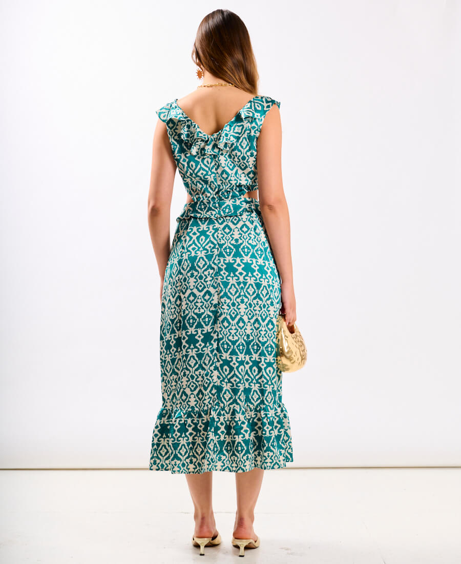 Green Ikat Ruffle Dress back