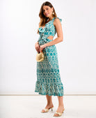 Green Ikat Ruffle Midi Dress