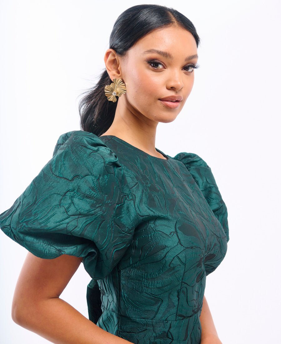 Green Jacquard Puff Sleeve Mini Dress – Needs No Label