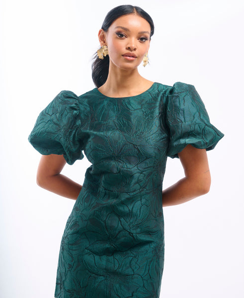 Green Jacquard Puff Sleeve Mini Dress 8
