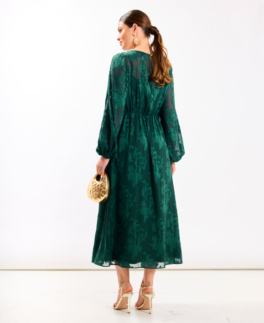 Long Sleeve Green Jacquard Midi Dress