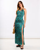 Green leopard Ruched Maxi Dress