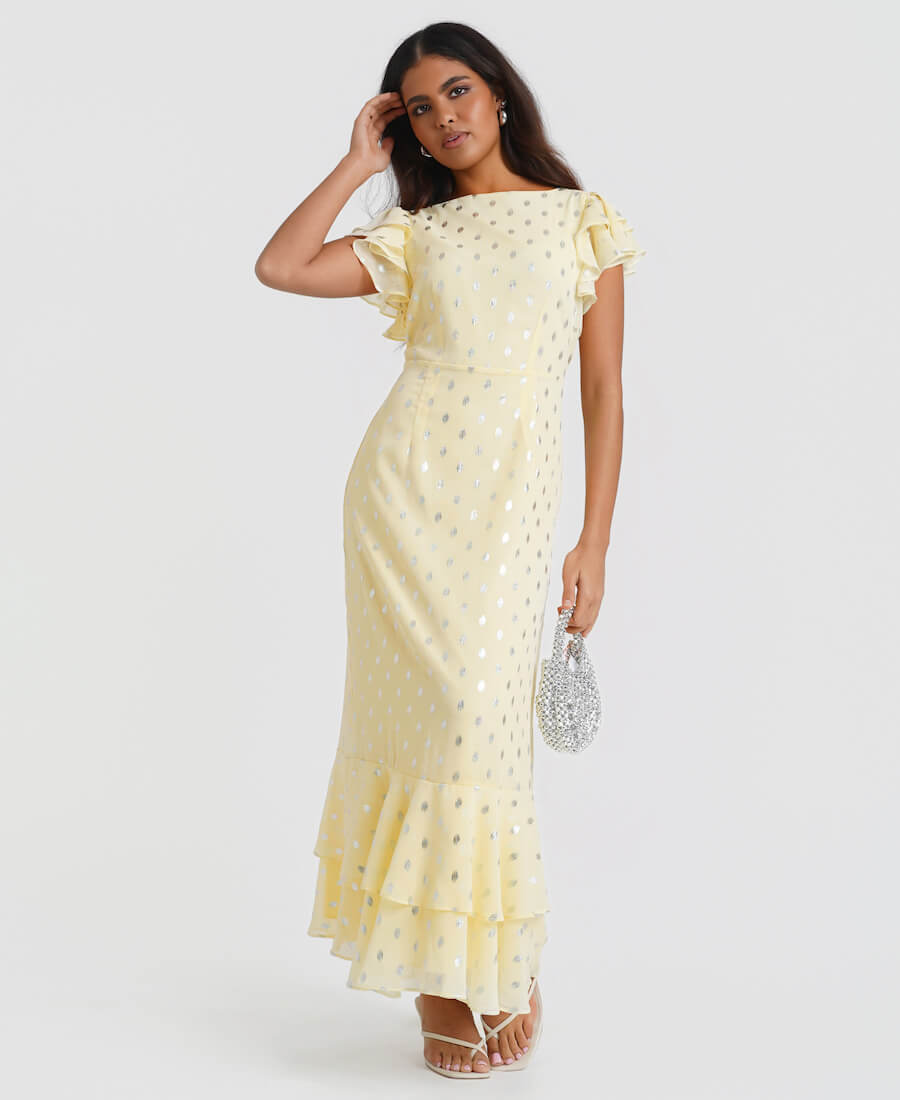 Lemon Flutter Sleeve Foil Midaxi Dress