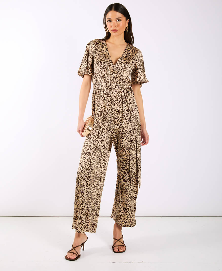 Leopard Printed Satin Jumpsuit wide leg