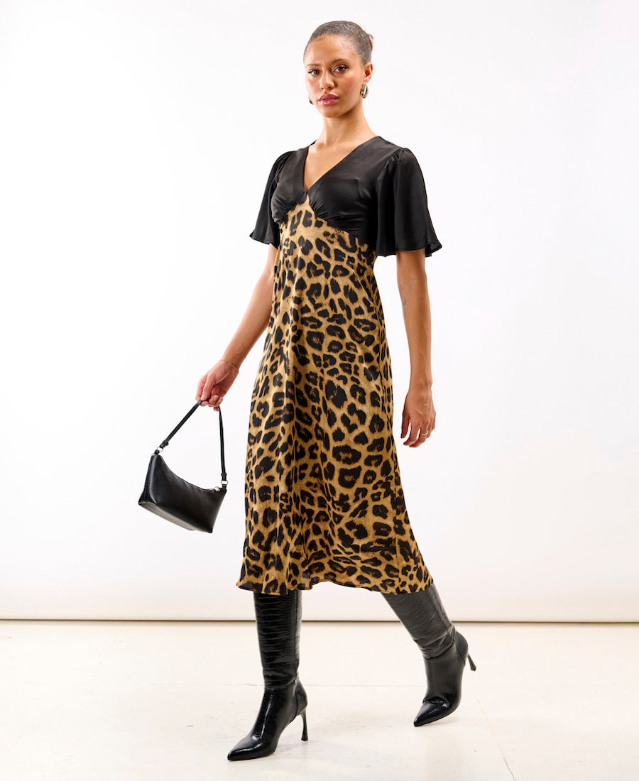 Leopard Printed Satin Midi Dress