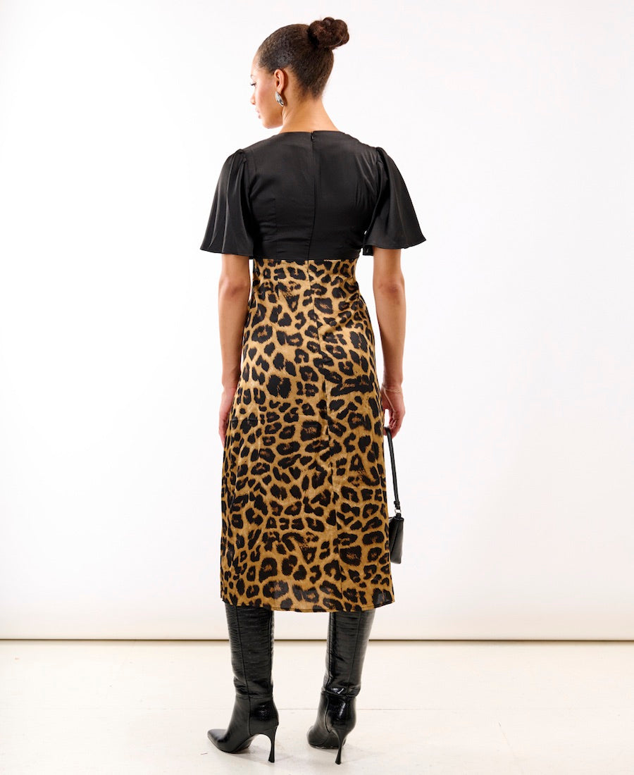 Leopard Printed Satin Midi Dress