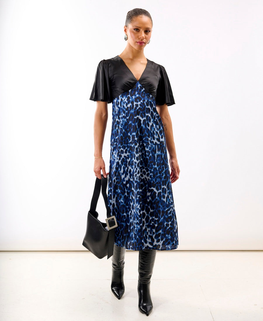 Blue Leopard Printed Satin Midi Dress