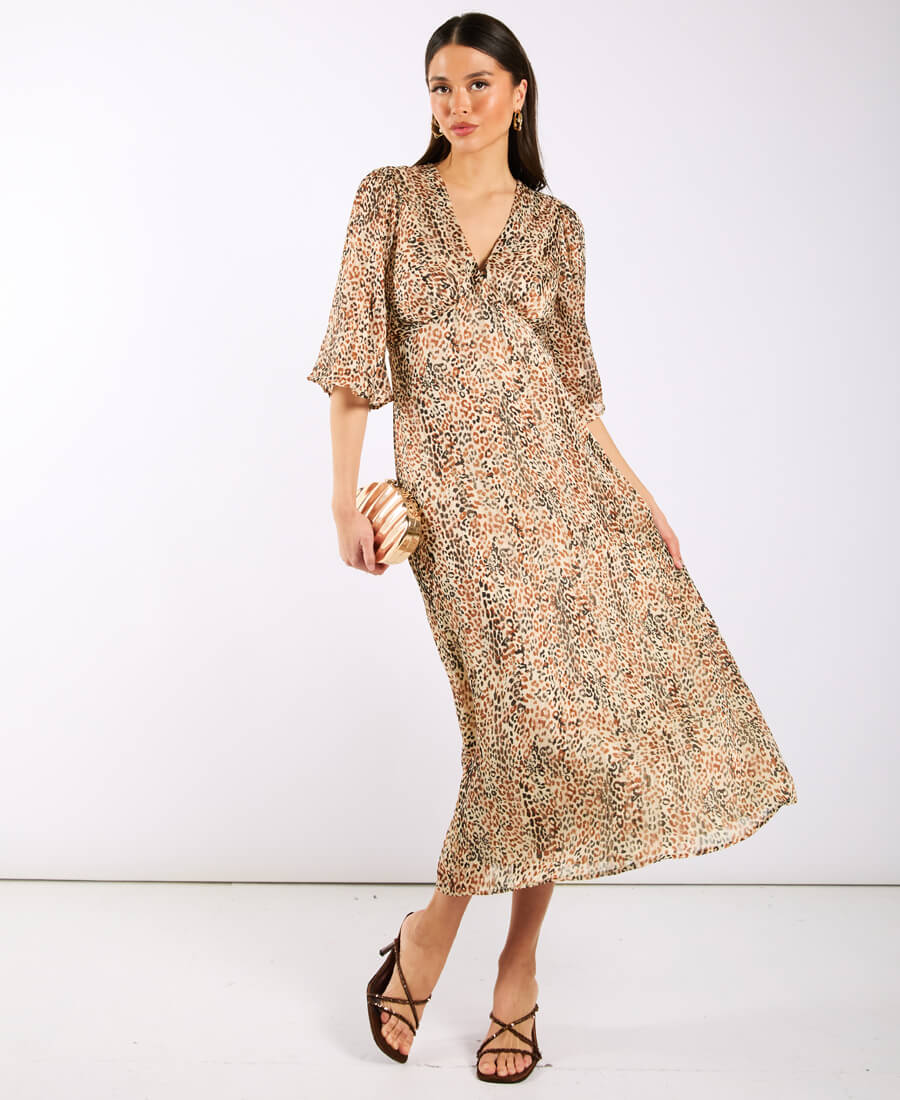 Leopard Printed Shimmer Midi Dress