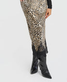 Leopard satin skirt lace hem detail with boots