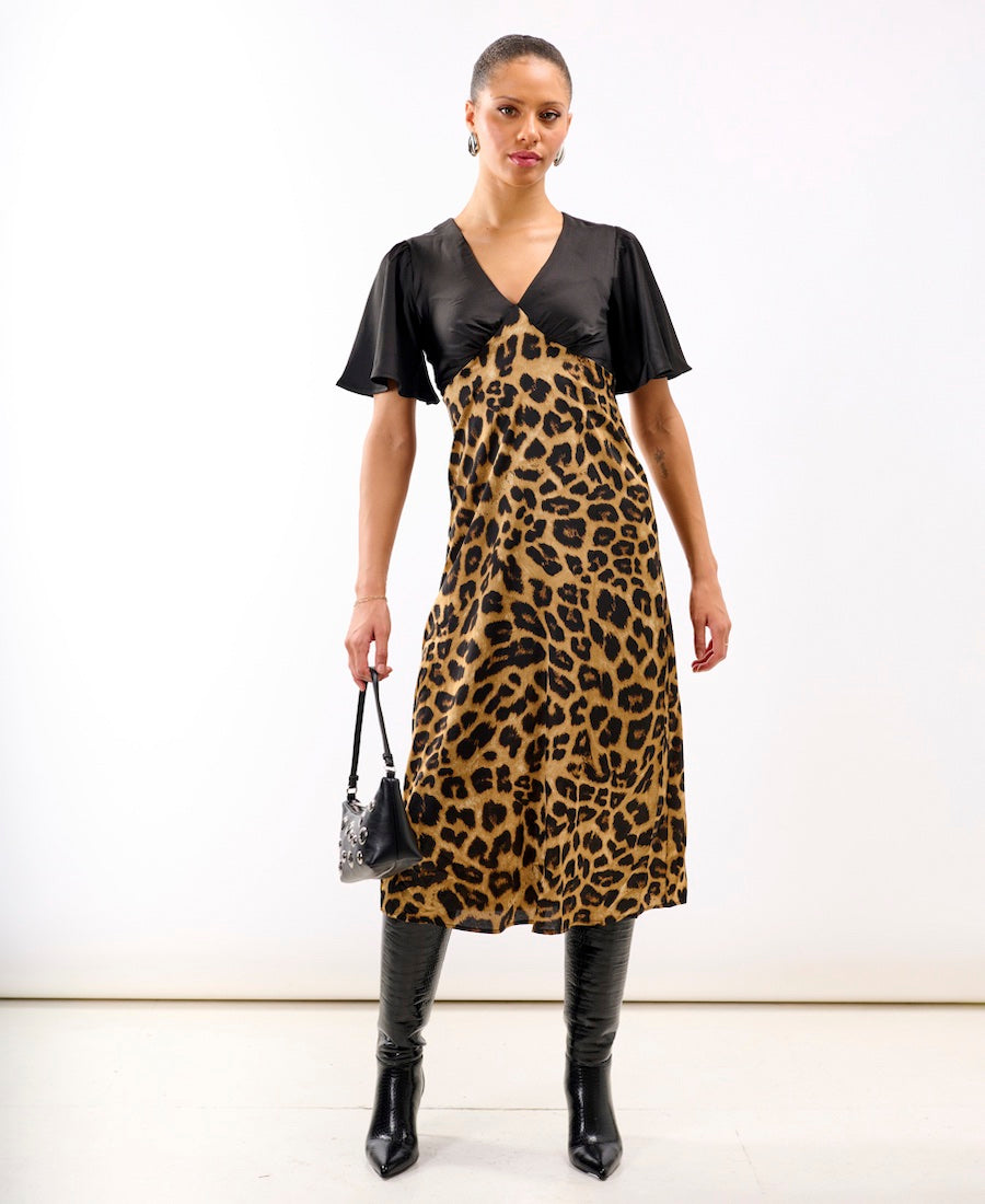 Leopard Printed Satin Midi Dress