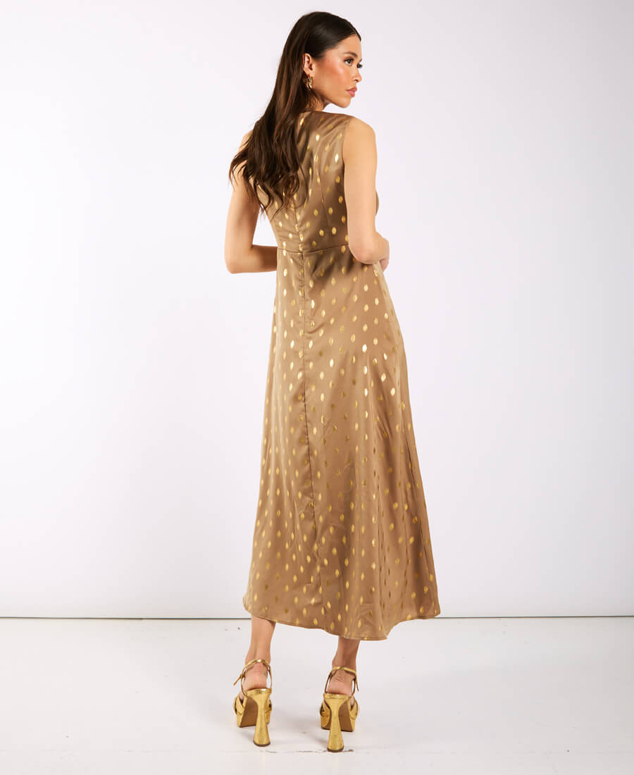 Light Brown Foil Satin Midi Dress sleeveless back
