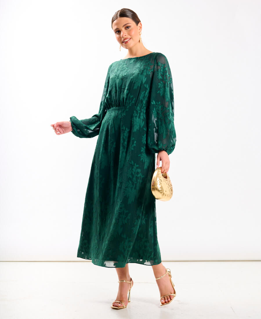 Long Sleeve Green Jacquard Midi Dress