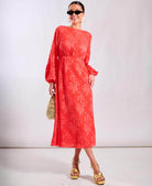 Long Sleeve Jacquard Midi Dress Coral