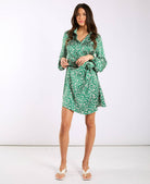 Mini Green Animal Satin Shirt Dress